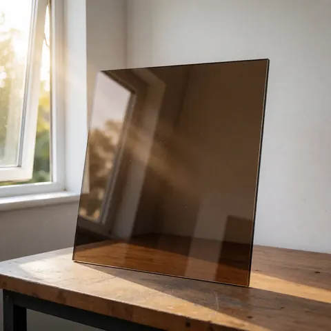 Un panneau de verre isolant couleur bronze foncé posé sur une table en bois avec des reflets lumineux, idéal pour les professionnels de l'installation.
