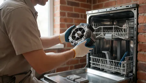 Un technicien portant des gants examine le moteur d'un lave-vaisselle dans un atelier avec des murs en briques et des outils visibles.