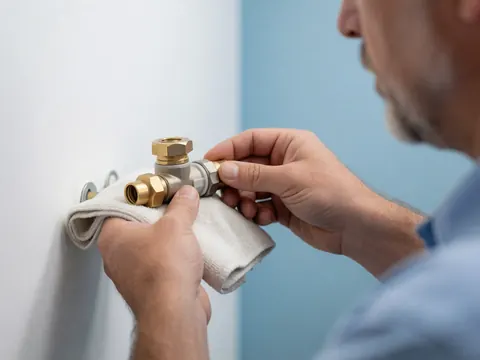 Technicien en train d'installer une vanne d'arrivée d'eau sur un lave-vaisselle, avec une serviette blanche et un fond bleu clair dans un environnement propre et professionnel.