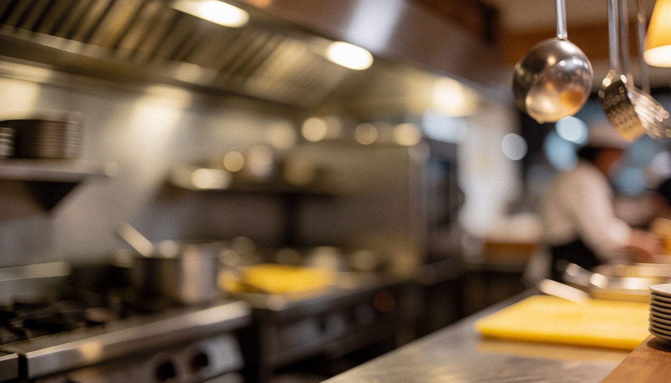Fond de cuisine de restaurant avec ustensiles suspendus, fours et lumière chaude, idéal pour textes commerciaux.