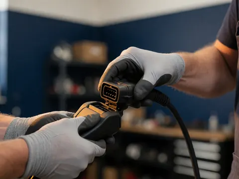 Grosse planche d'une main portant un gant insérant un connecteur de diagnostic dans une moto, sur fond d'atelier flou avec murs bleus et outils.