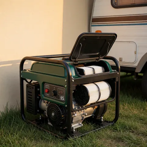 Un générateur électrique portable de couleur verte dont le filtre est exposé, placé à proximité d'un camping-car sous la lumière chaude du coucher de soleil.