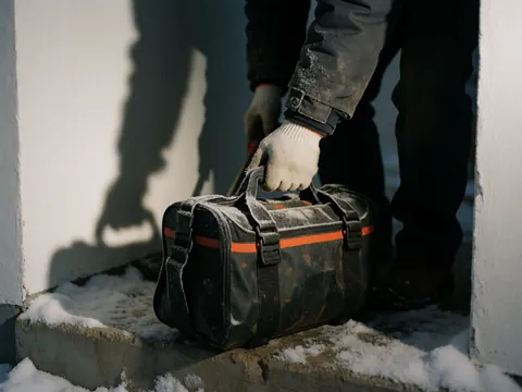 Des mains portant des gants blancs tiennent un sac à outils noir rayé d'orange, recouvert de neige, posé sur une marche en béton également enneigée, avec des murs blancs et de longues ombres portées.