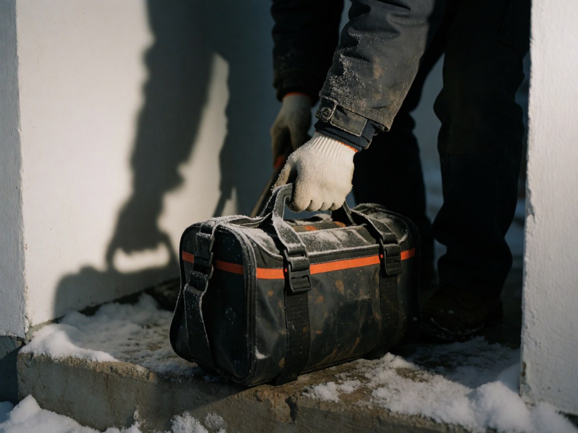 Des mains portant des gants blancs tiennent un sac à outils noir rayé d'orange, recouvert de neige, posé sur une marche en béton également enneigée, avec des murs blancs et de longues ombres portées.