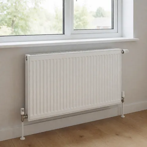 Radiateur mural blanc installé sous une fenêtre, avec vannes et tuyaux apparents sur un mur clair et un sol en bois.