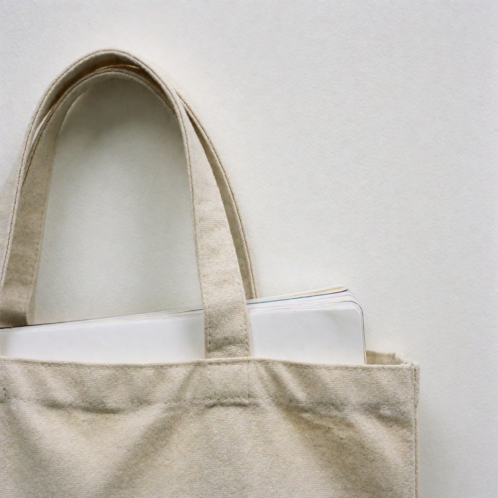 Sac tote beige en toile contenant un cahier blanc aux pages blanches, coutures apparentes sur fond blanc uni pour mise en scène de cours en ligne.