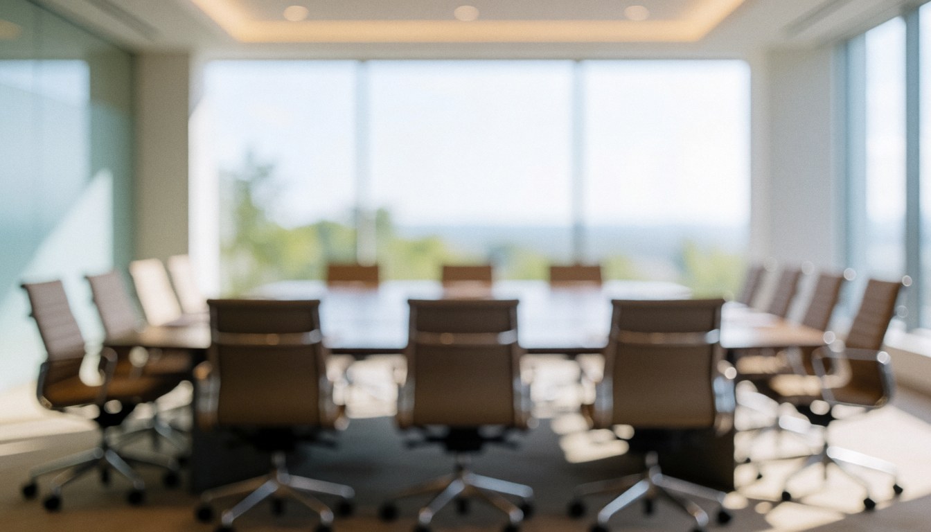 Salle de conférence moderne avec tables et chaises vides, éclairée par la lumière naturelle, idéale pour présentations ou textes corporatifs.