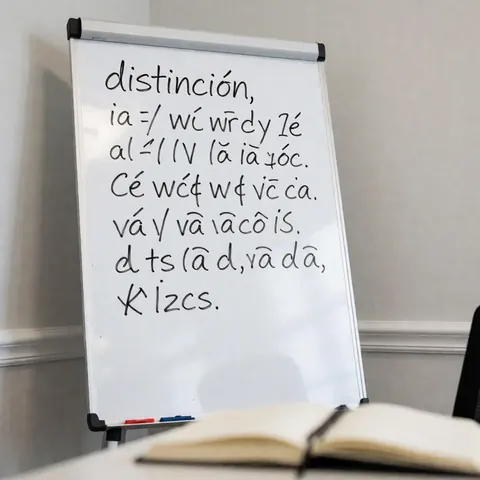 Un tableau blanc affichant des règles de phonétique espagnole, posé sur un bureau avec un cahier ouvert au premier plan et un mur gris clair en arrière-plan.