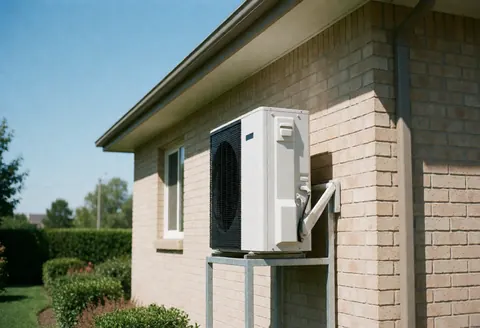 Un appareil de chauffage blanc installé sur un mur de briques beige sous un ciel clair, avec un jardin et de l'herbe visible.