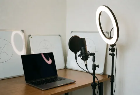 Espace de travail pour cours en ligne équipé d'un ordinateur portable, d'un microphone professionnel et d'une lumière annulaire, avec des tableaux blancs en arrière-plan.