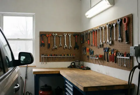 Atelier de réparation de chauffage avec établi en bois, outils accrochés au mur en pin et véhicule partiellement visible à gauche.