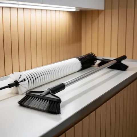 Outils professionnels de réparation de chauffage, brosses propres et équipements disposés sur un établi de travail en bois