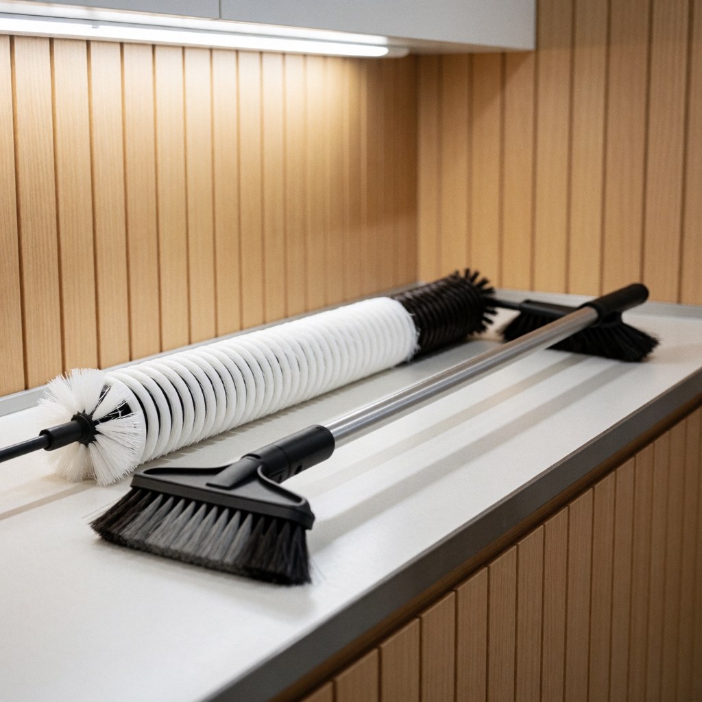Outils professionnels de réparation de chauffage, brosses propres et équipements disposés sur un établi de travail en bois