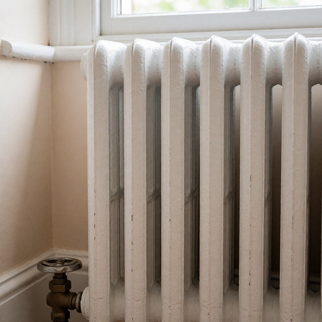Radiateur blanc en fonte avec détails de fonte, vanne manuelle à la base, mur beige et lumière naturelle de fenêtre.