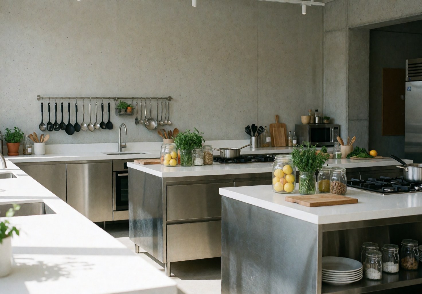 Cuisine moderne et propre avec îlots en acier inoxydable, murs en béton, ustensiles suspendus et fruits frais dans des récipients en verre.