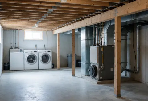 Vue d'un sous-sol en construction abritant une chaudière de chauffage, des tuyaux, une structure en bois et des laveuses au fond, éclairé par une fenêtre.