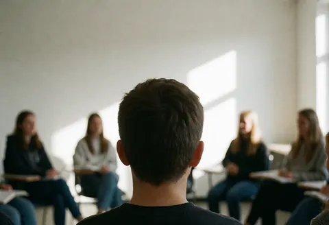 Dos d'un étudiant assis dans une salle de classe avec d'autres apprenants en cercle, murs blancs et lumière naturelle créant une ambiance studieuse.