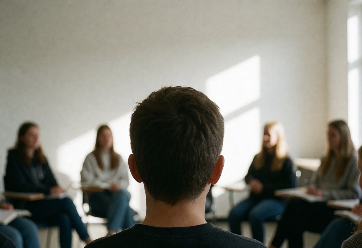 Dos d'un étudiant assis dans une salle de classe avec d'autres apprenants en cercle, murs blancs et lumière naturelle créant une ambiance studieuse.