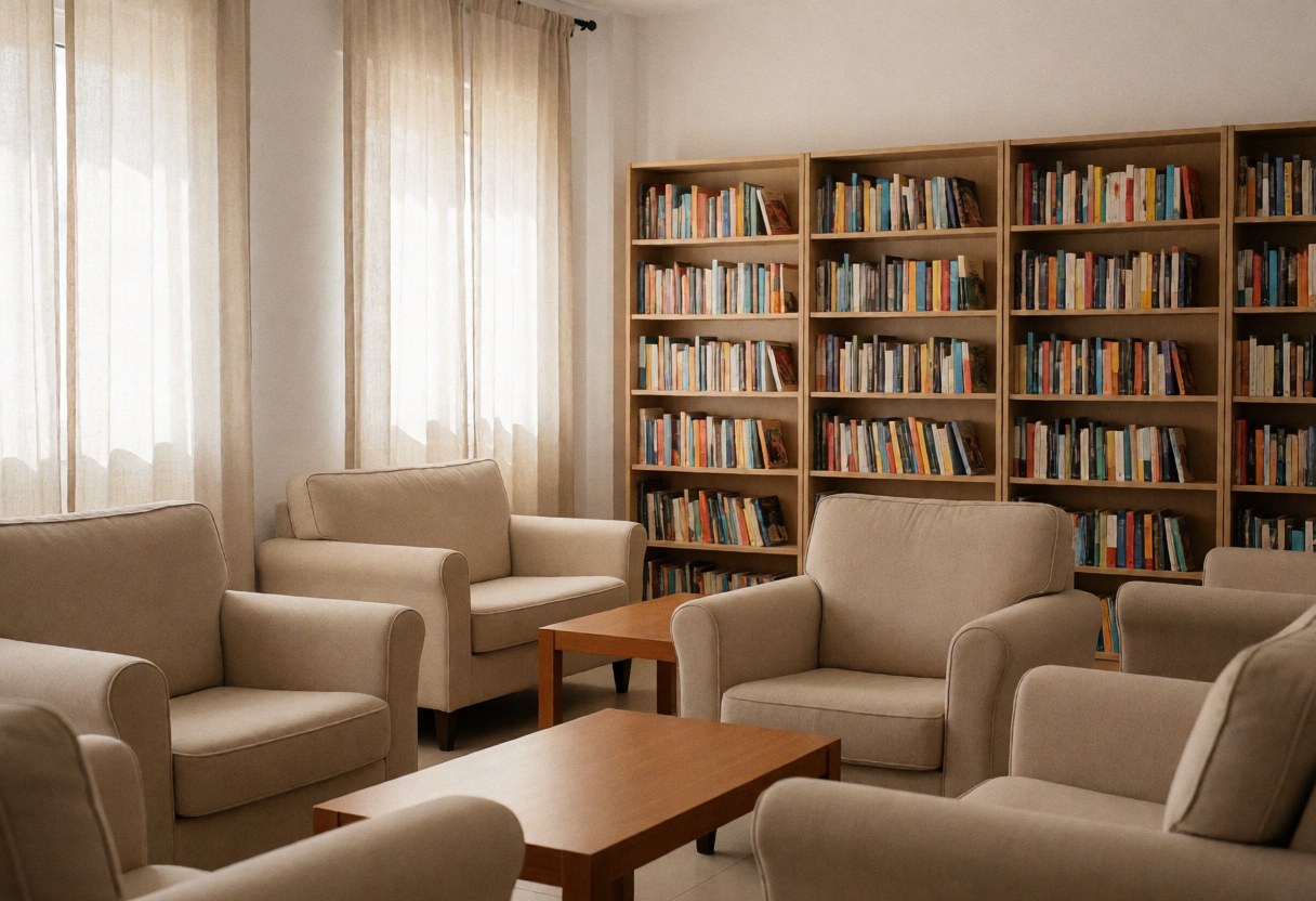Salle de lecture confortable avec des fauteuils beiges, des tables en bois et des étagères remplies de livres, éclairée par la lumière naturelle à travers les rideaux.