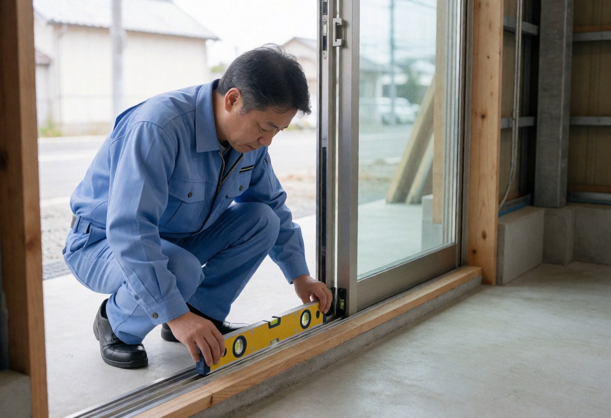 Un technicien en uniforme bleu utilise un niveau jaune pour ajuster une porte coulissante. Scène de chantier avec sol en béton et cadres en bois. Installation de fenêtres isolées.