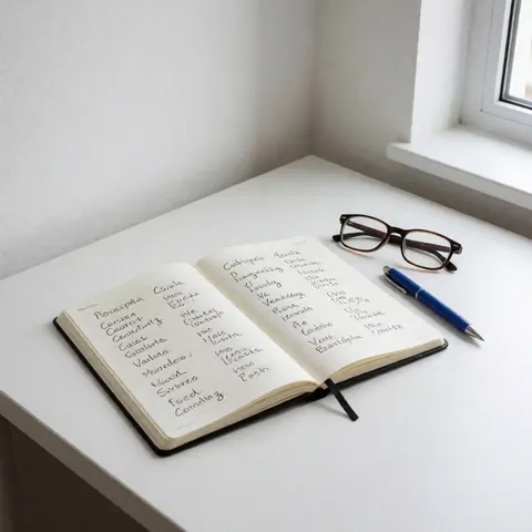 Cahier ouvert affichant du vocabulaire en espagnol et en anglais, accompagné de lunettes et d'un stylo bleu posés sur un bureau blanc près d'une fenêtre.
