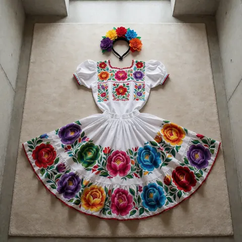 Ensemble traditionnel mexicain aux broderies florales vives, avec coiffe fleurie et jupe ample posé sur un tapis beige dans un espace à murs en béton.