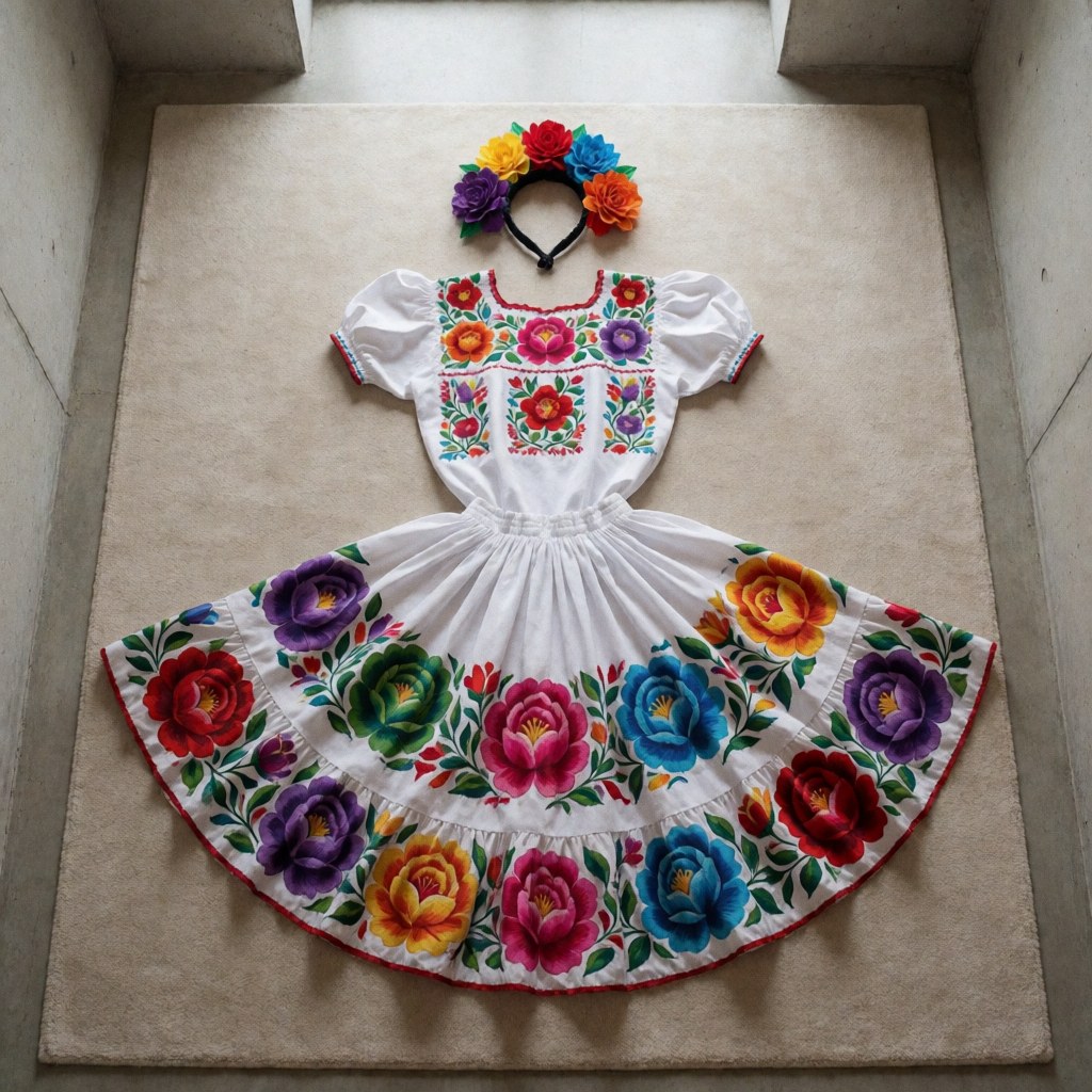 Ensemble traditionnel mexicain aux broderies florales vives, avec coiffe fleurie et jupe ample posé sur un tapis beige dans un espace à murs en béton.
