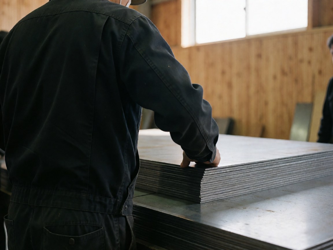 Un ouvrier en atelier métallurgique examine attentivement une pile de tôles découpées, baigné de lumière naturelle dans un environnement aux murs en bois.