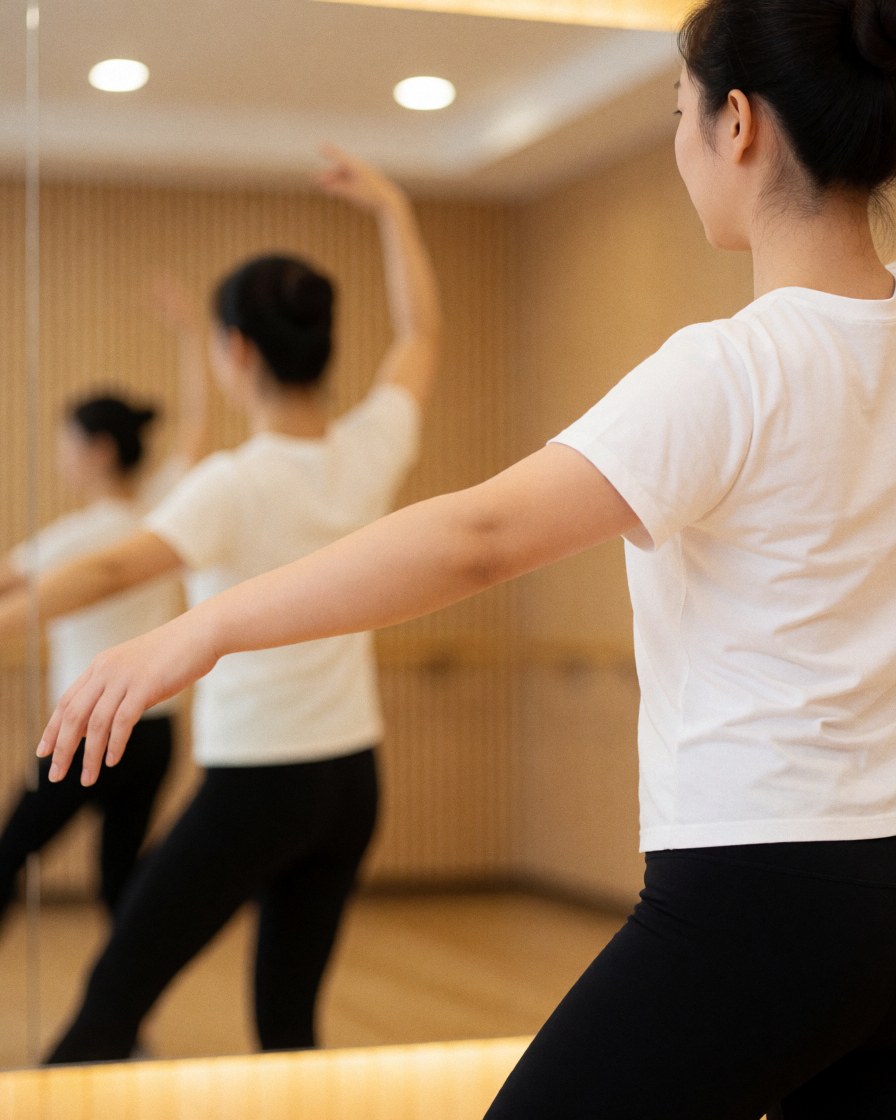 Une étudiante en danse effectue des mouvements contemporains face à un grand miroir dans un studio aux murs clairs et à l'éclairage chaleureux.