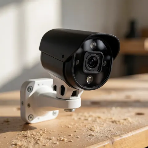 Caméra de sécurité noire avec support blanc fixée sur un établi en bois aux copeaux visibles, éclairage doux de coucher de soleil, idéal pour la réparation de campers.