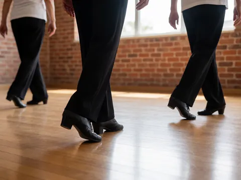 Gros plan des pieds d'adultes portant des chaussures de danse noires sur un parquet brillant, avec un mur de briques rouges en arrière-plan et une lumière naturelle.