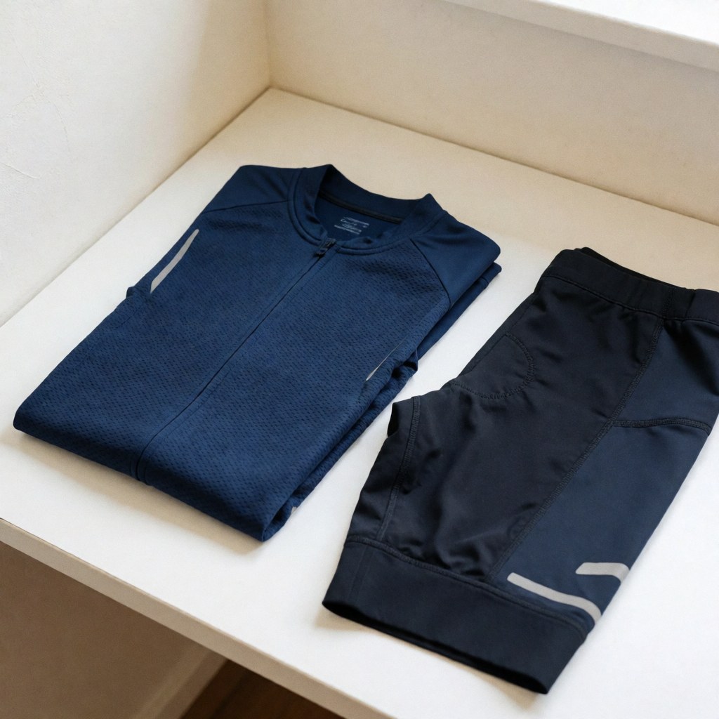 Un maillot et un short de cyclisme pliés sur une surface blanche, avec détails réfléchissants et texture visible, éclairage doux et murs blancs chauds.