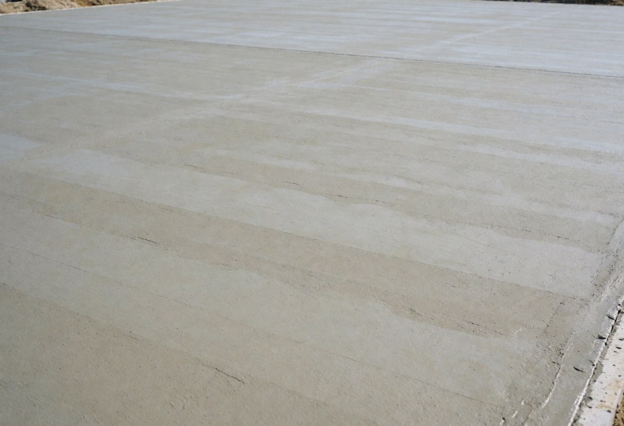 Surface de béton gris lisse et uniforme récemment coulée, servant de fond neutre idéal pour la publicité et les textes promotionnels des installateurs de courts.