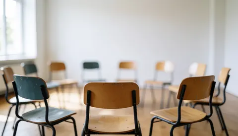 Des chaises en bois sont alignées en cercle au centre d'une salle de classe vide, baignée de lumière naturelle avec un arrière-plan flou.