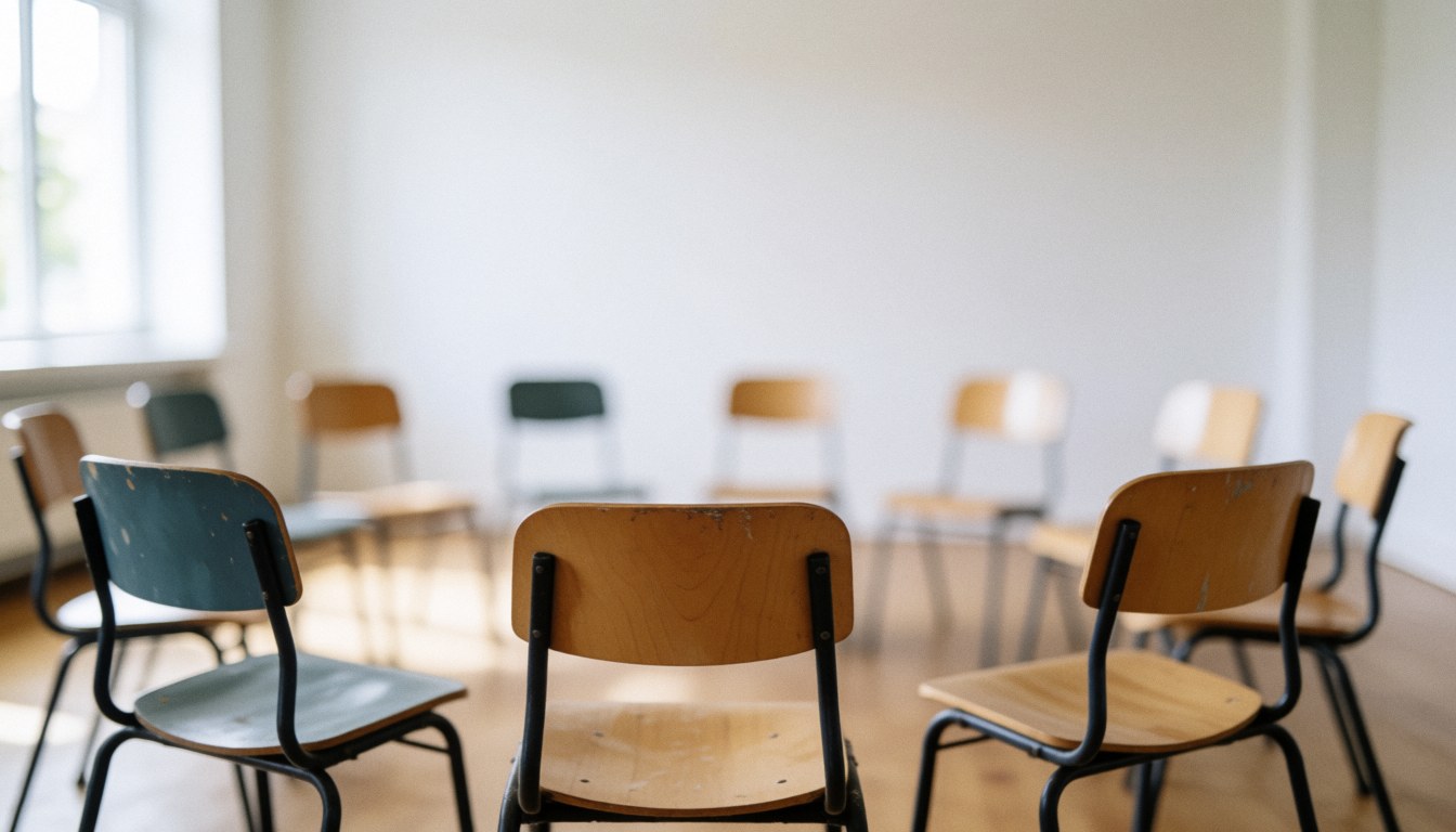 Des chaises en bois sont alignées en cercle au centre d'une salle de classe vide, baignée de lumière naturelle avec un arrière-plan flou.