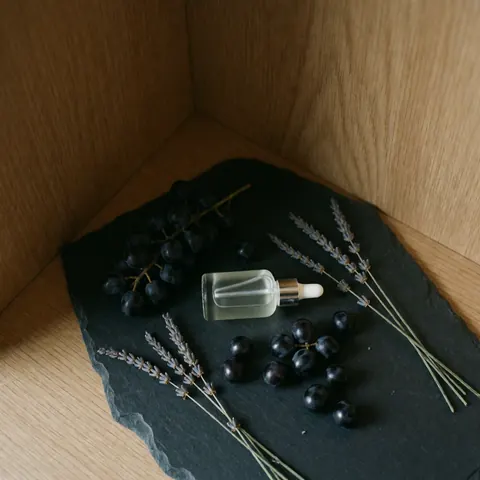Flacon en verre avec pipette, entouré de raisins noirs et de branches de lavande séchée sur une pierre noire, dans un coin en bois clair, éclairage doux et élégant.