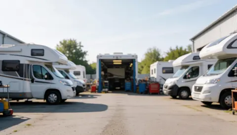 Vue arrière-plan floue d'un atelier extérieur de réparation de camping-cars avec véhicules stationnés et outils visibles, idéal pour ajouter du texte.