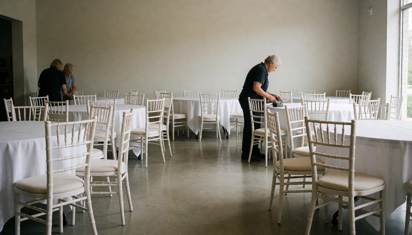 Une femme ajuste une nappe blanche sur une table ronde entourée de chaises blanches dans un espace événementiel au sol poli et aux murs neutres.