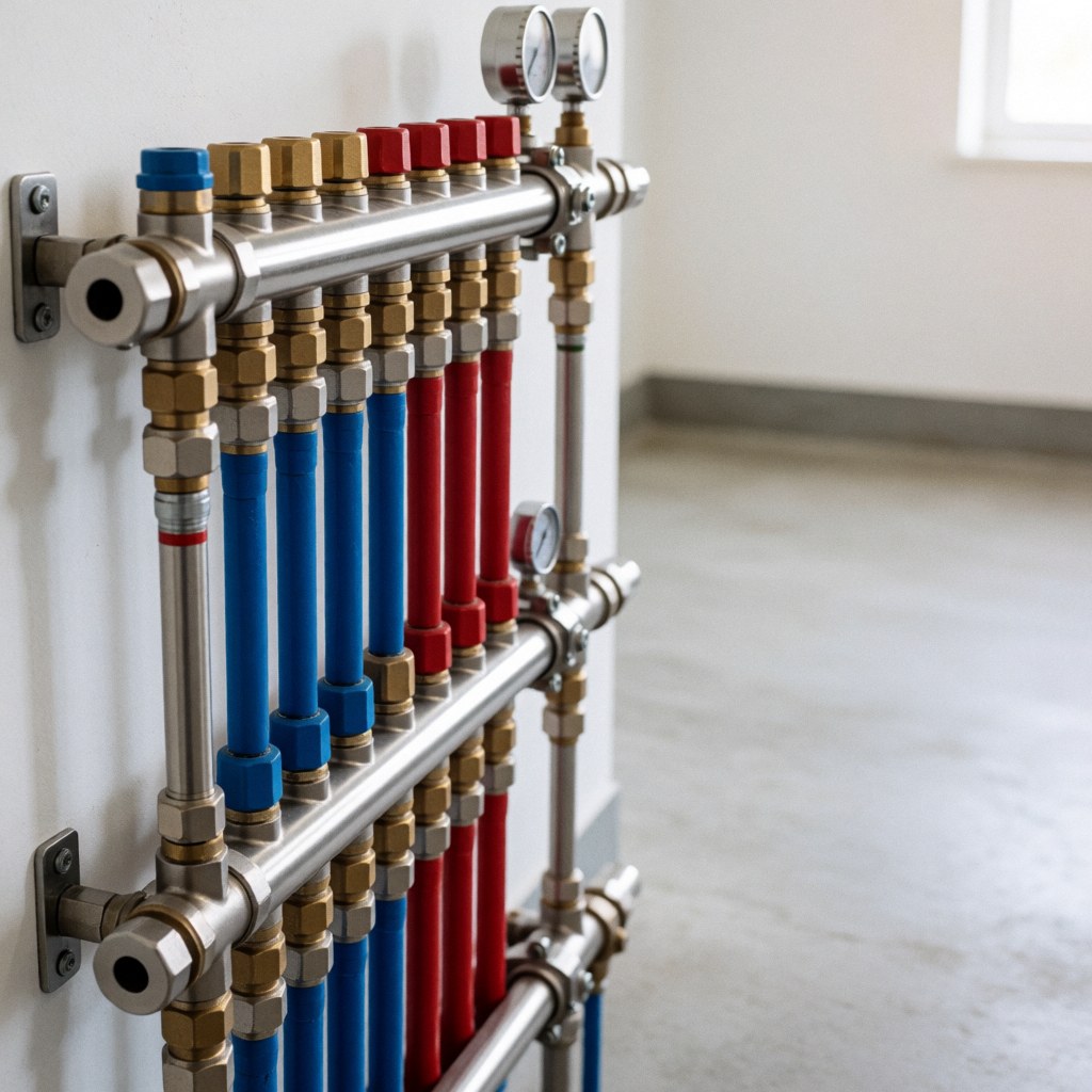 Collecteur de chauffage monté sur un mur blanc, équipé de manomètres et de connexions métalliques brillantes, adapté aux services de réparation de chauffage.
