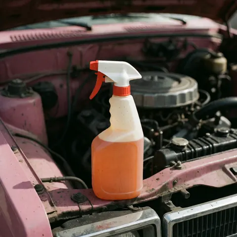 Bouteille de nettoyant orange avec buse blanche et rouge, posée sur le bord d'un moteur métallique sale, devant des murs roses.