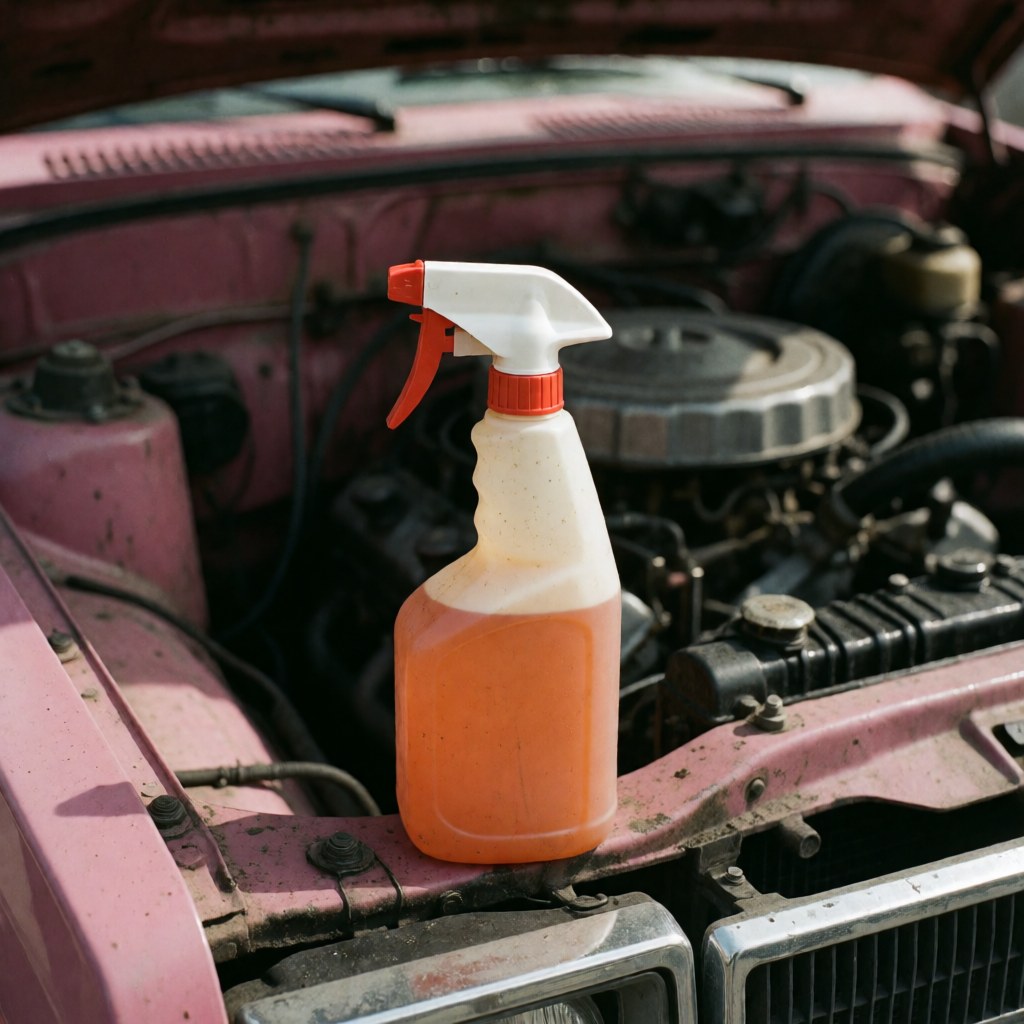 Bouteille de nettoyant orange avec buse blanche et rouge, posée sur le bord d'un moteur métallique sale, devant des murs roses.