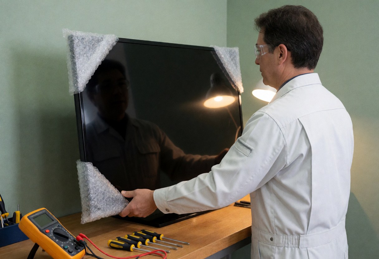 Technicien en uniforme blanc soulève un téléviseur posé sur une table en bois. Des outils comme des tournevis et un multimètre sont visibles. Le mur est vert olive et une lumière chaude éclaire la scène.