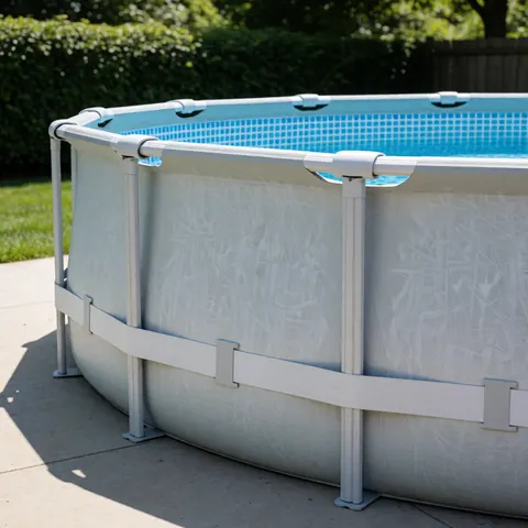 Structure métallique d'une piscine sur un patio, sans personne, lumière naturelle, idéale pour les installateurs de piscines.