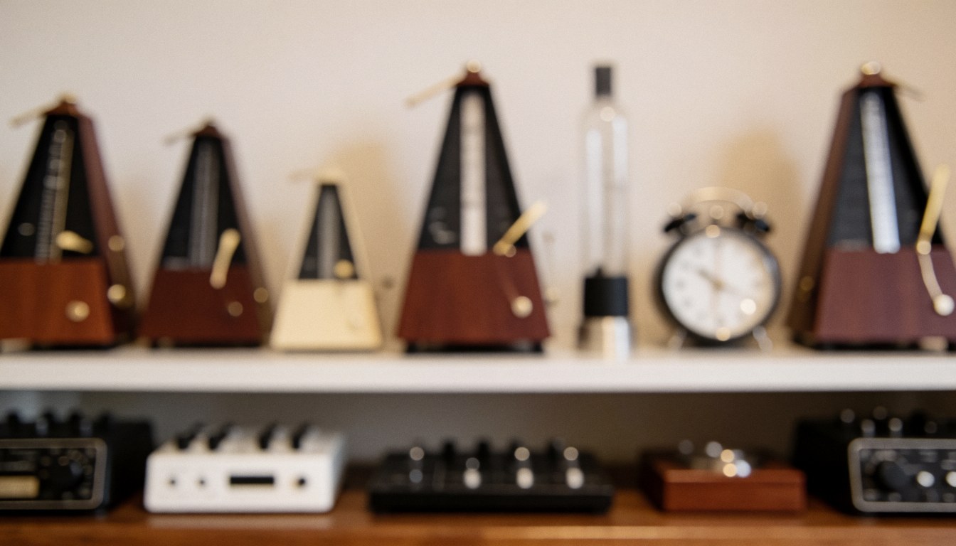 Étagère en bois dans un studio de musique contenant des métronomes, des horloges et des accessoires, sur fond flou chaud pour texte sur le rythme et la discipline.