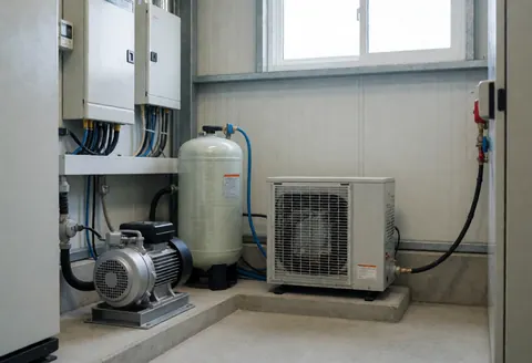 Installation de piscine comprenant une pompe, un réservoir et une unité de climatisation dans une salle technique avec murs en panneaux et fenêtre.