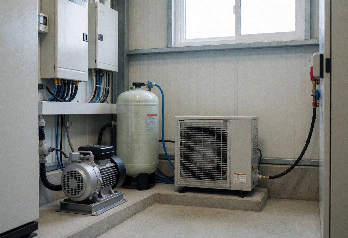 Installation de piscine comprenant une pompe, un réservoir et une unité de climatisation dans une salle technique avec murs en panneaux et fenêtre.