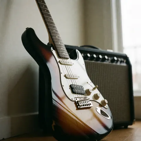 Guitare électrique à corps massif avec finition brillante posée contre un mur près d'un amplificateur, idéale pour les scènes musicales et les académies.