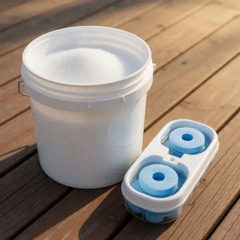 Seau blanc rempli de chlore granulaire avec un distributeur de tablettes bleues posé sur une surface en bois éclairée par la lumière du soleil, produit pour piscines.
