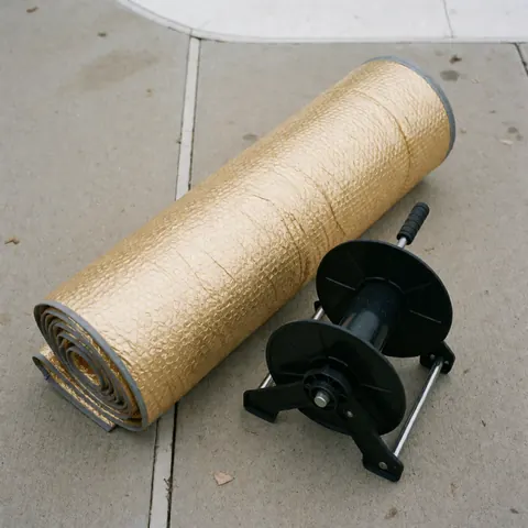 Une couverture thermique dorée à texture bulleuse est prête à être déroulée, posée près de son carrousel noir sur une surface en béton.