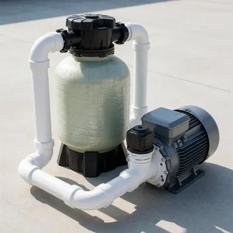 Filtre à sable et pompe de piscine avec tuyauterie PVC posés sur du béton, éclairage naturel vif, idéal pour les professionnels de l'installation.